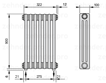 Схема (чертеж) Радиатор Zehnder Charleston 3090/7 №5310 Белый глянцевый RAL 9016